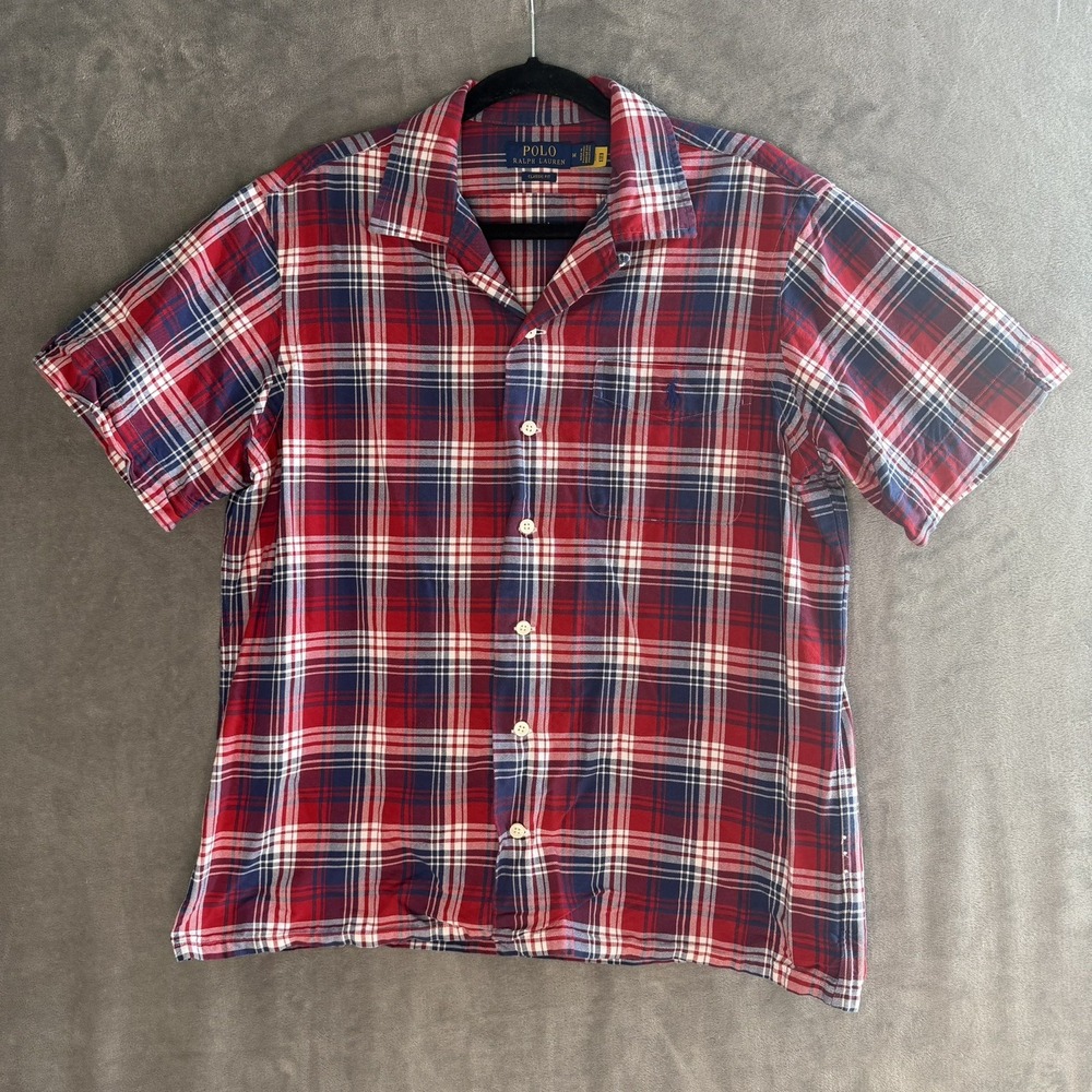 Polo Ralph Lauren Plaid Shirt Mens M Red Cotton Classic Fit Short Sleeve Pocket
